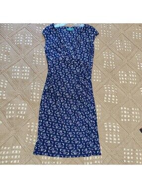 Lauren Ralph Lauren Sheath Dress Size 4 Navy Purple Geometric V-Neck Ruched